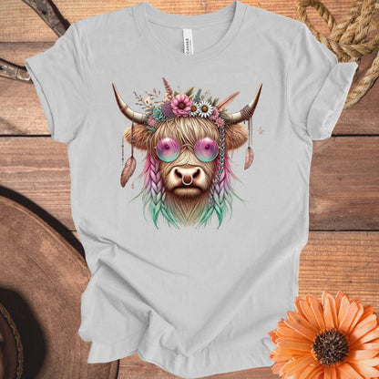 Boho Chic Cow with Floral and Feather Accents Shirt product