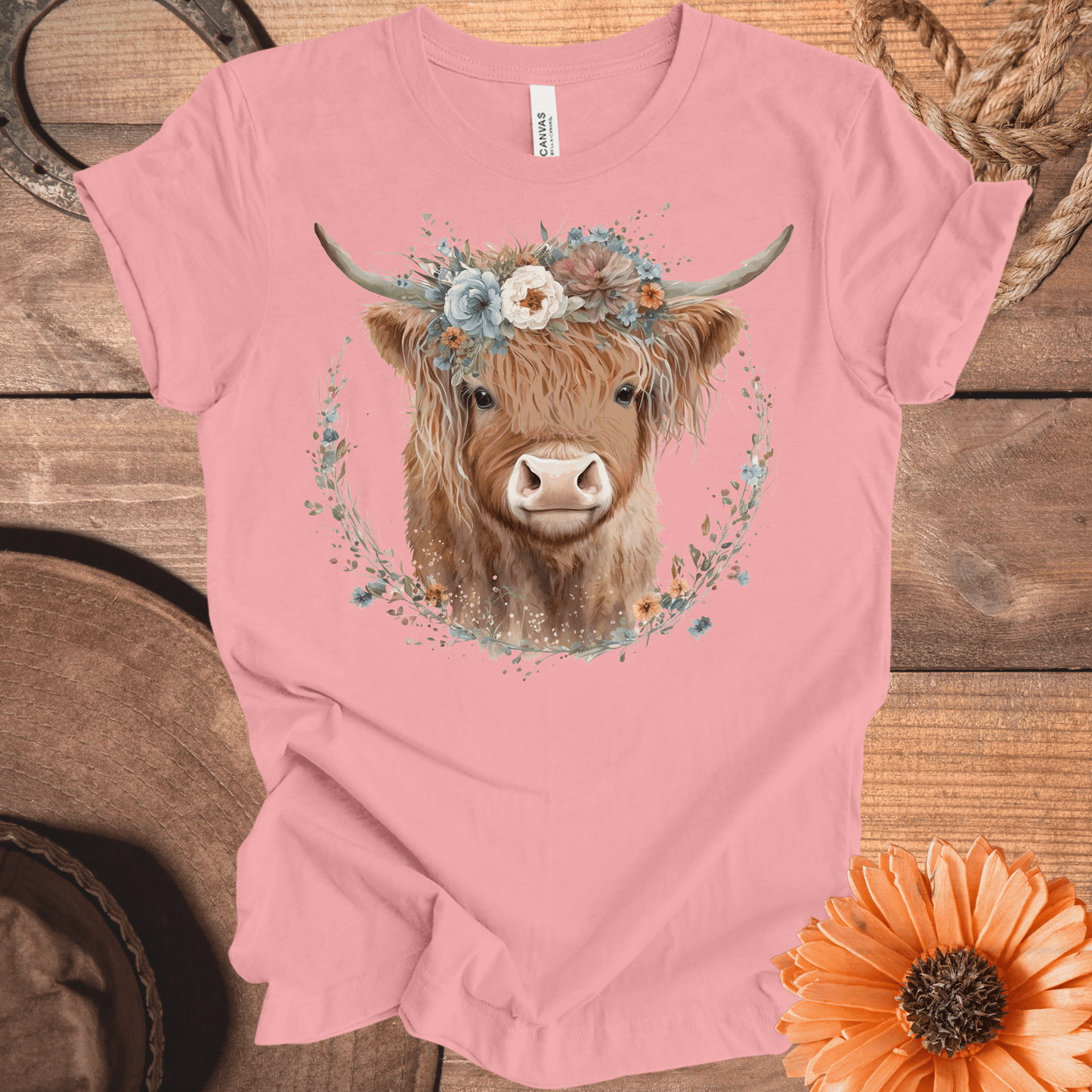 Highland Cow Watercolor Floral Crown Tee