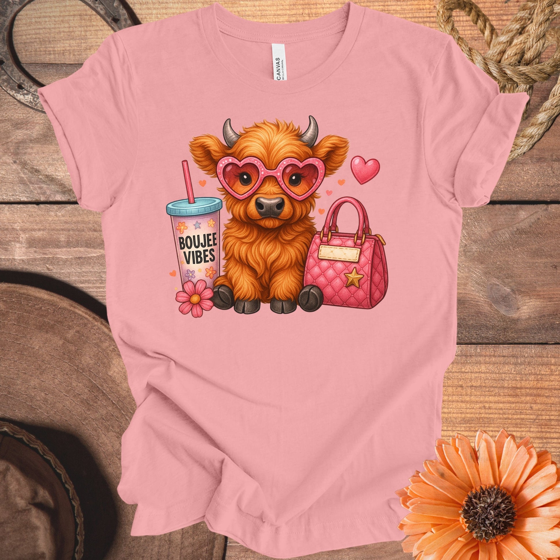 Cute Highland Cow with Heart Glasses Graphic T-Shirt Product