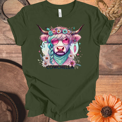 Cowchella hippie cow with sunglasses graphic shirt