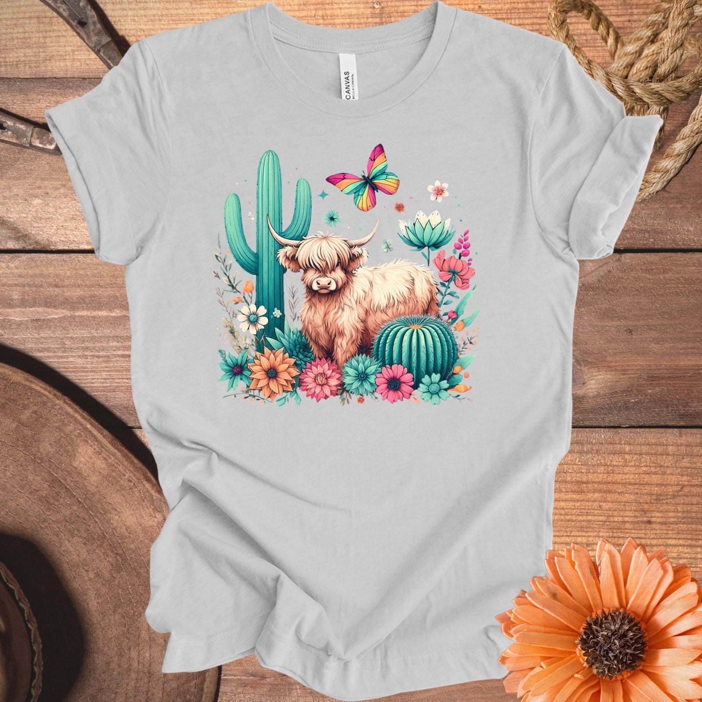 Highland Cow Cactus and Butterfly Graphic Tee product