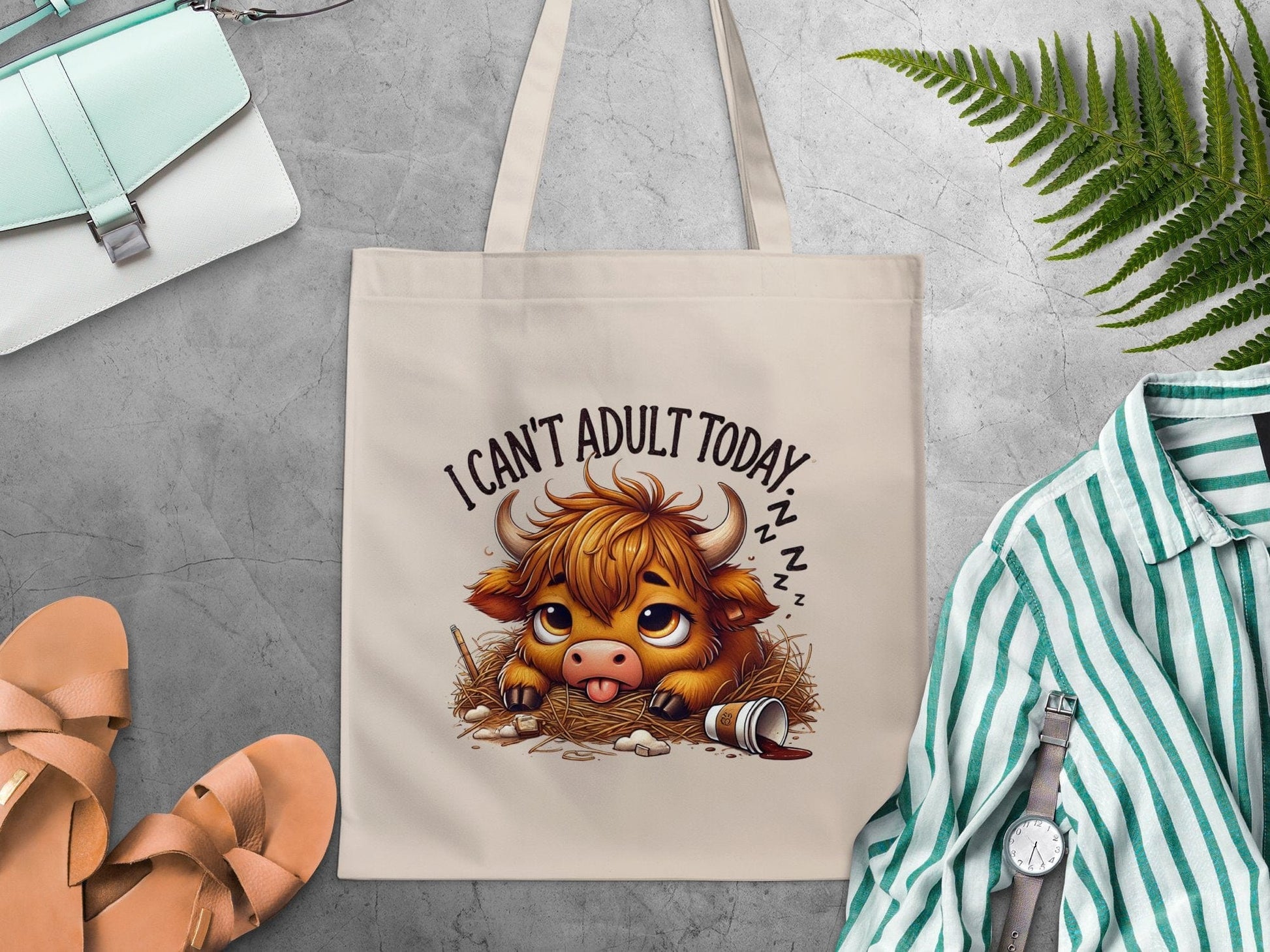 I Can't Adult Today Sleepy Cow Funny Tote Bag product type