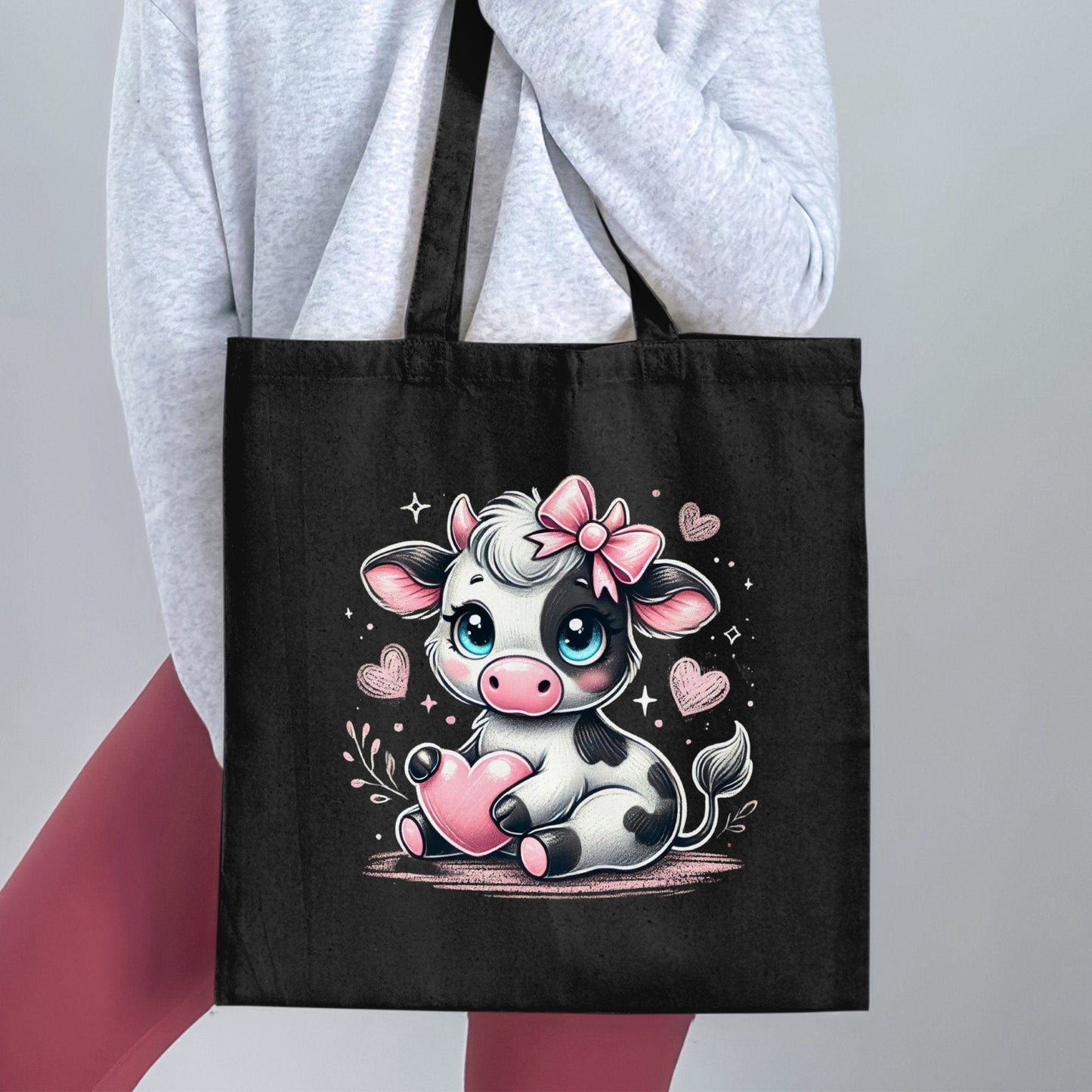 Cute Cartoon Cow with Hearts Tote Bag product type