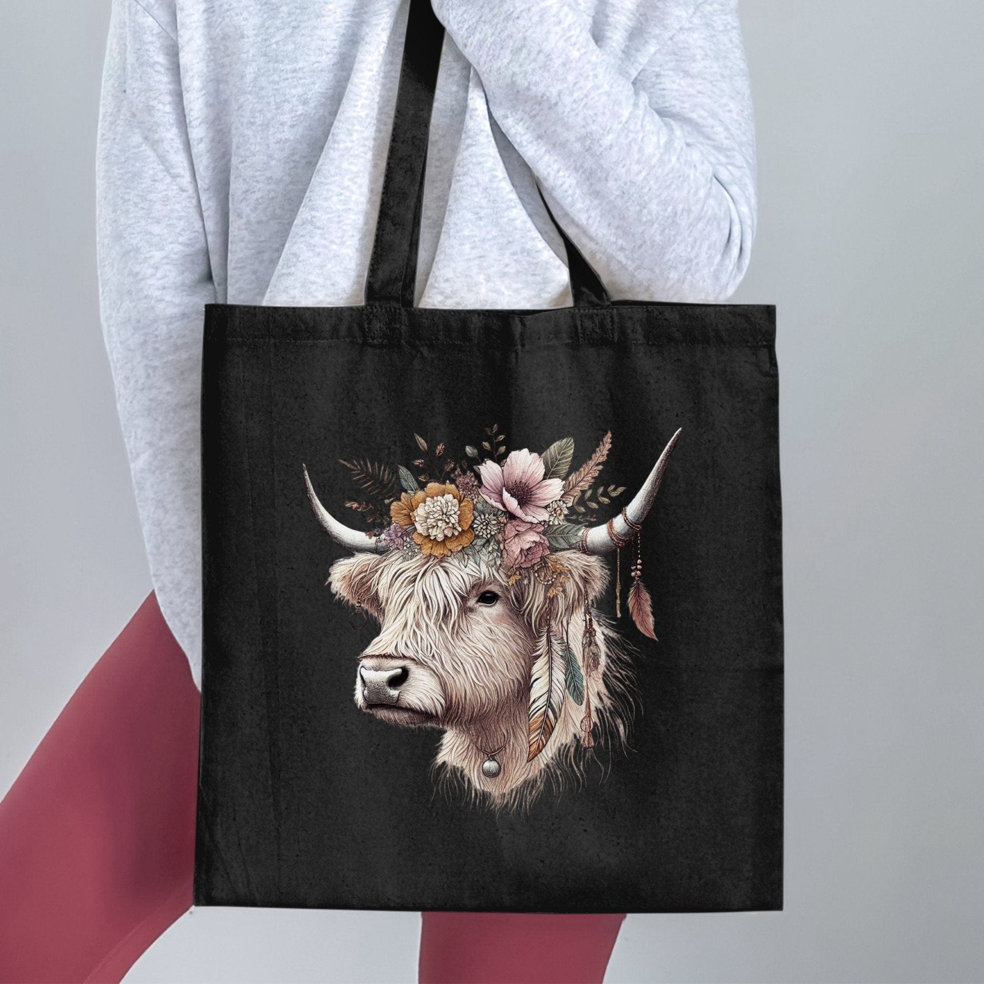Floral Highland Cow Design Reusable Tote Bag product