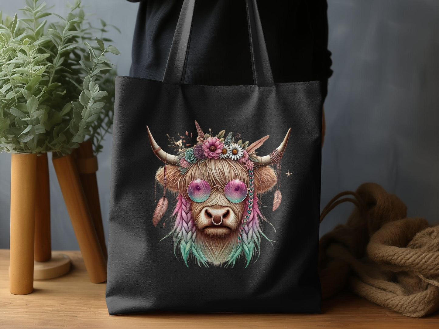 Colorful Psychedelic Highland Cow Tote Bag product