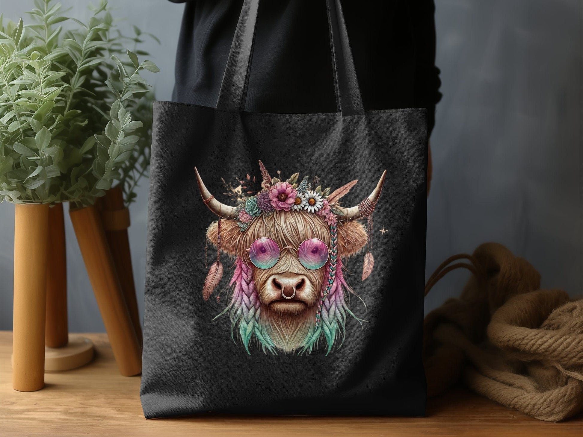 Colorful Psychedelic Highland Cow Tote Bag product
