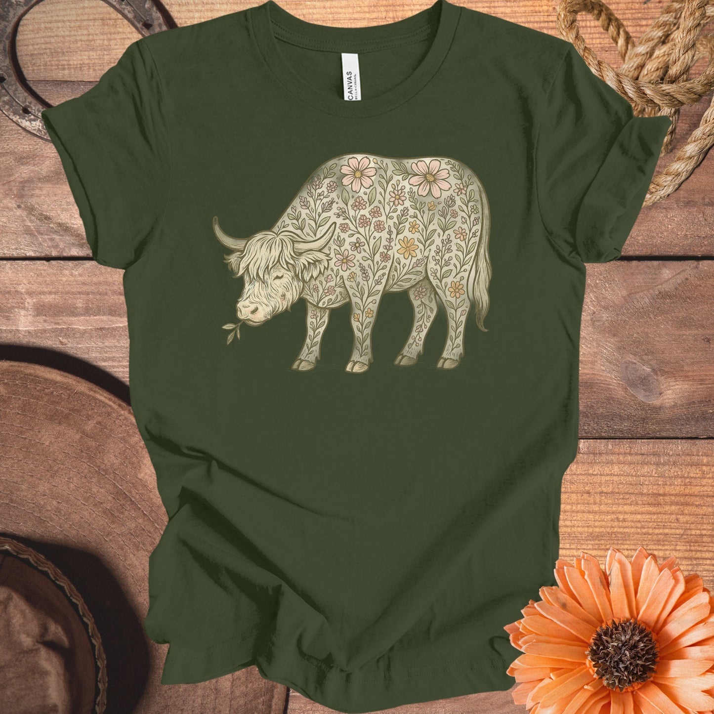 Floral Detailed Highland Cow Design T-shirt product