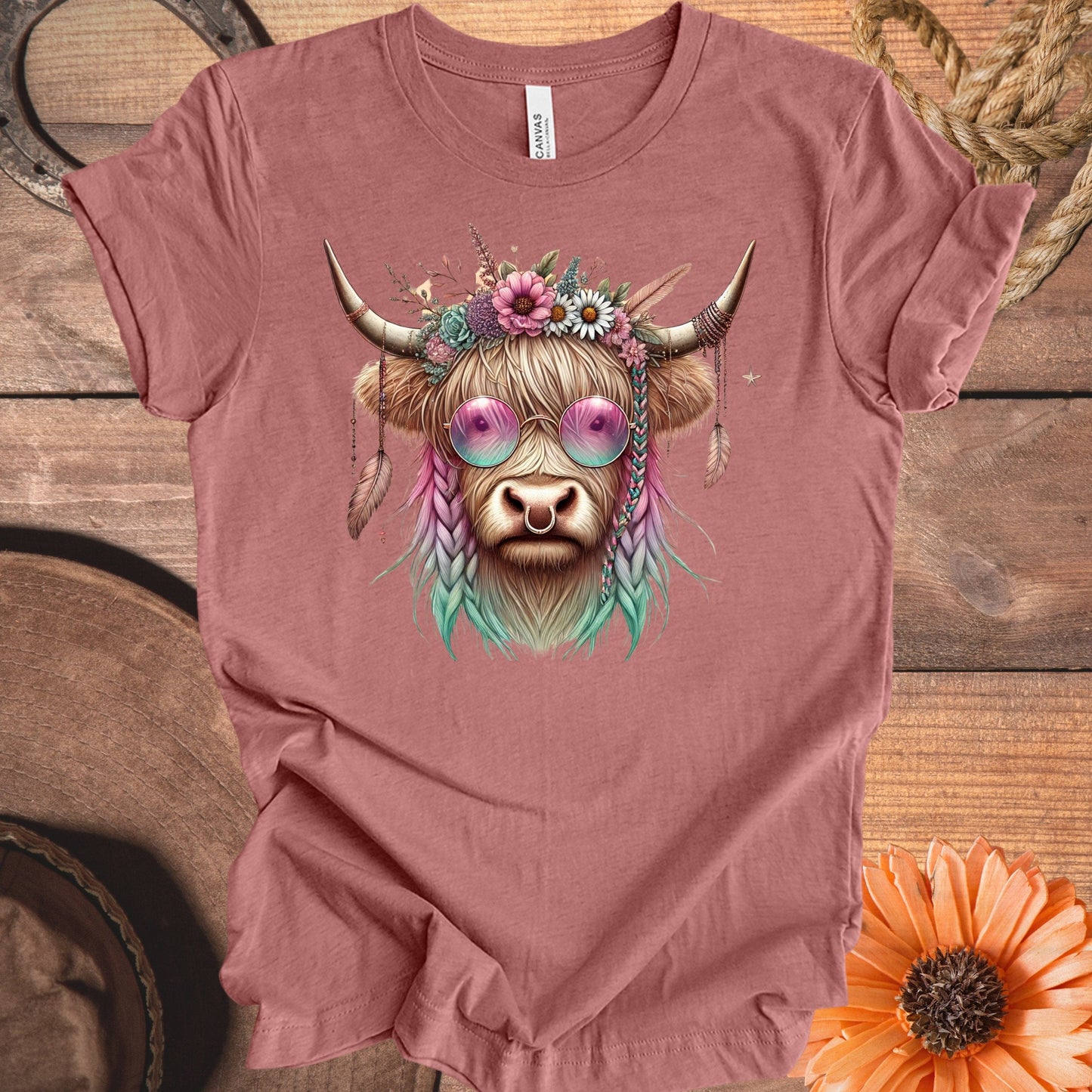 Cute Colorful High-Land Cow Floral Graphic Tee product type
