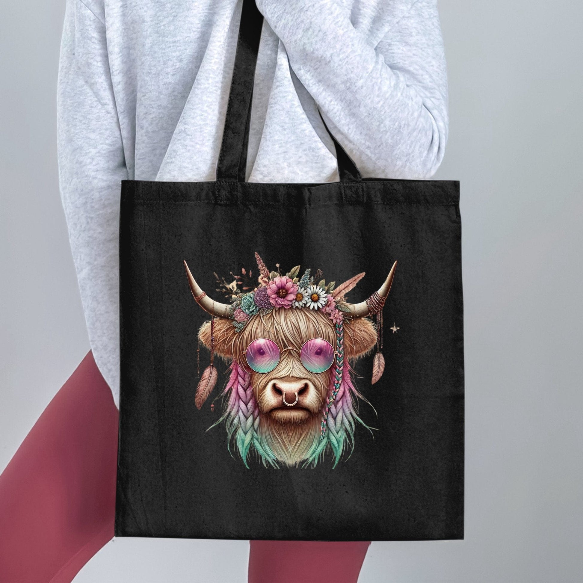 Colorful Cow in Floral Headpiece Tote Bag product type