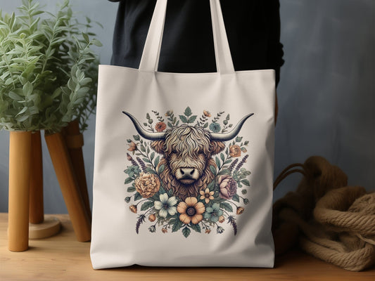 Highland Cow with Floral Design Tote Bag product