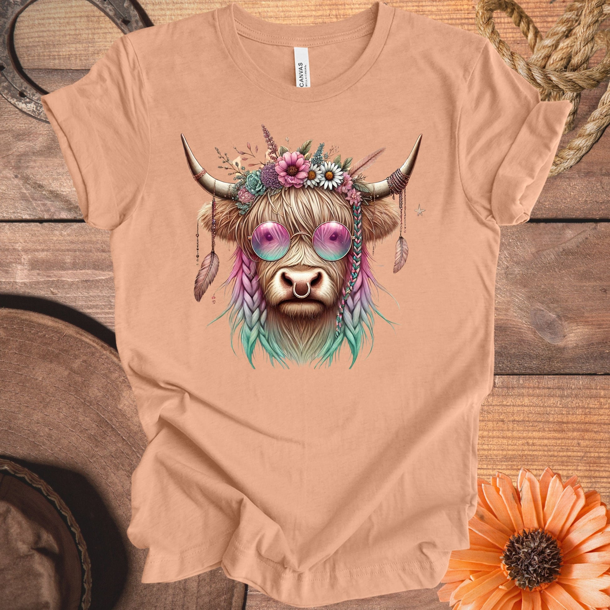 Flower Crown Highland Cow T-Shirt with Colorful Design product