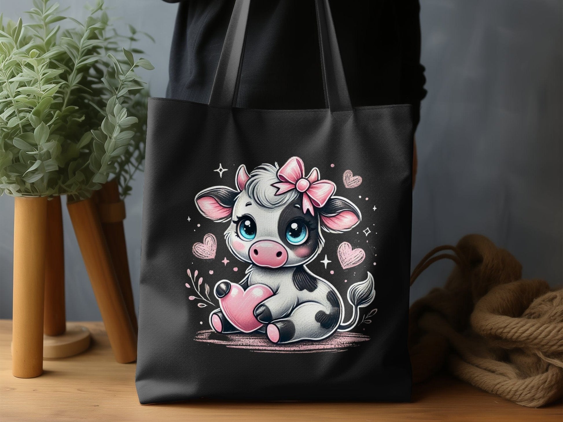 Cute Cow with Heart and Pink Bow Tote Bag product type