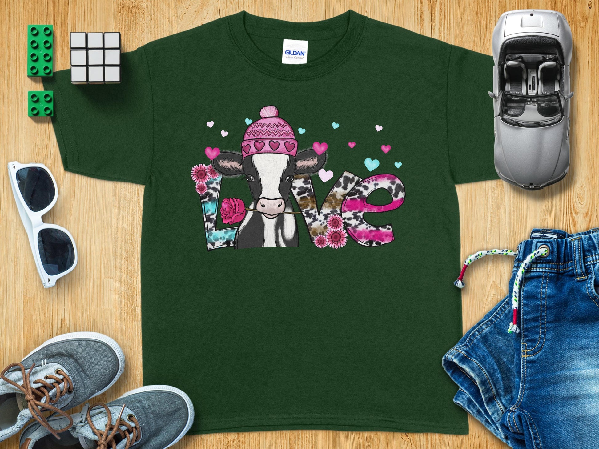 Adorable Cow and Hearts Love Graphic Tee product