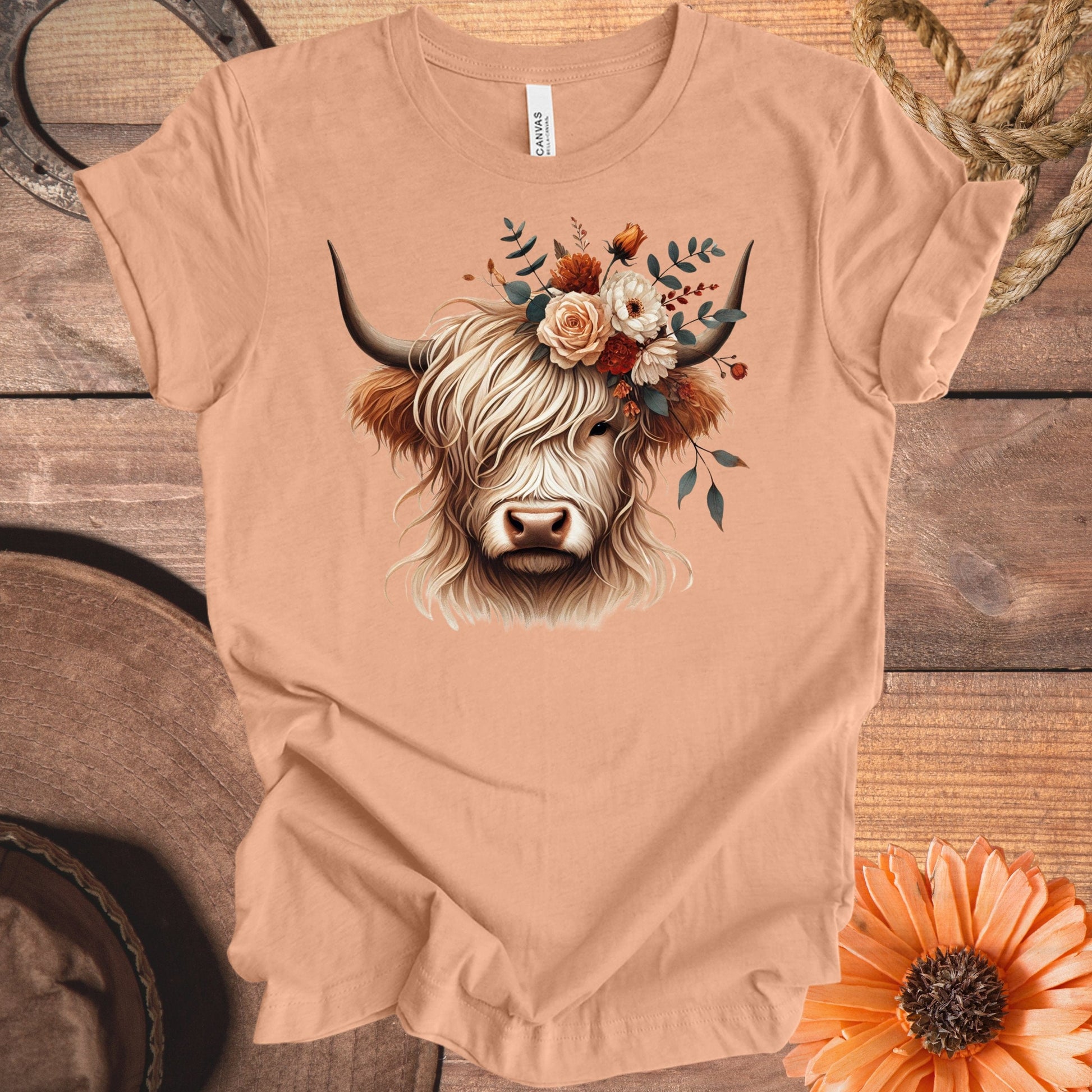 Highland Cow With Floral Crown Print T-shirt product
