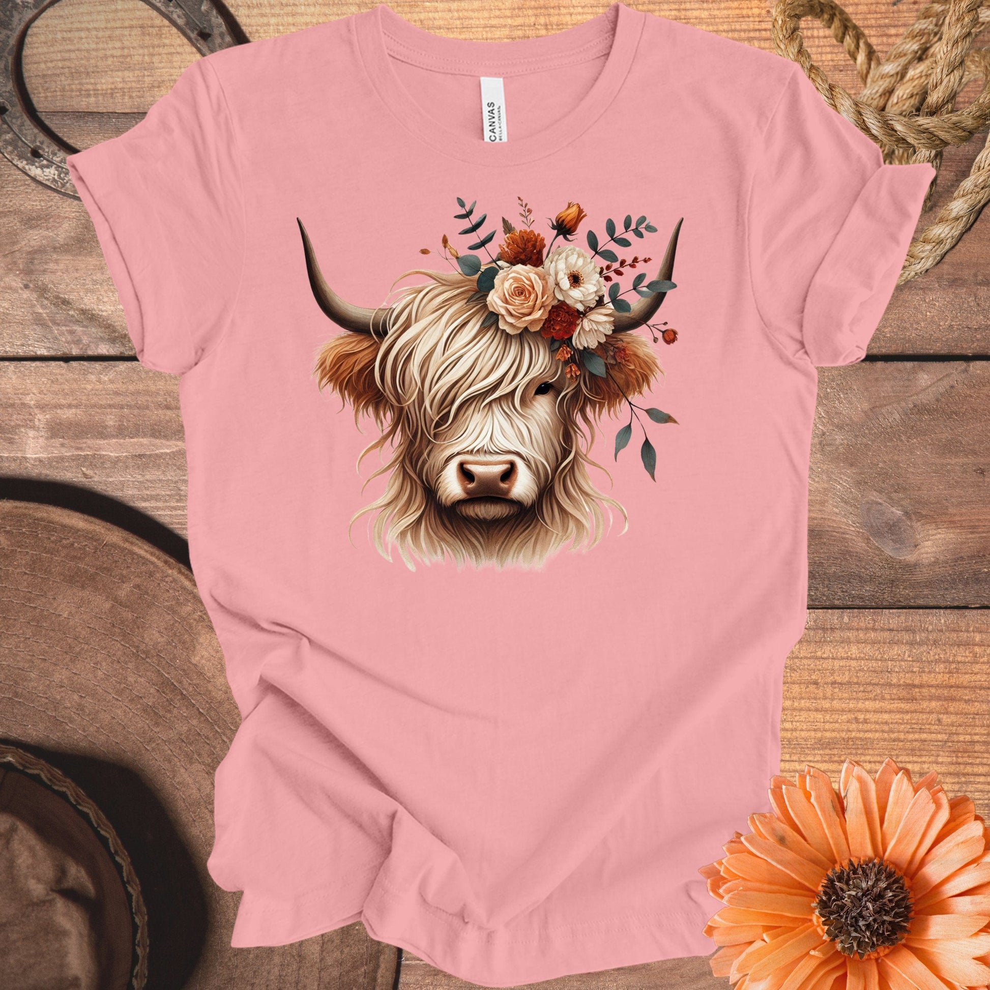 Floral Highland Cow Art Pink T-Shirt product
