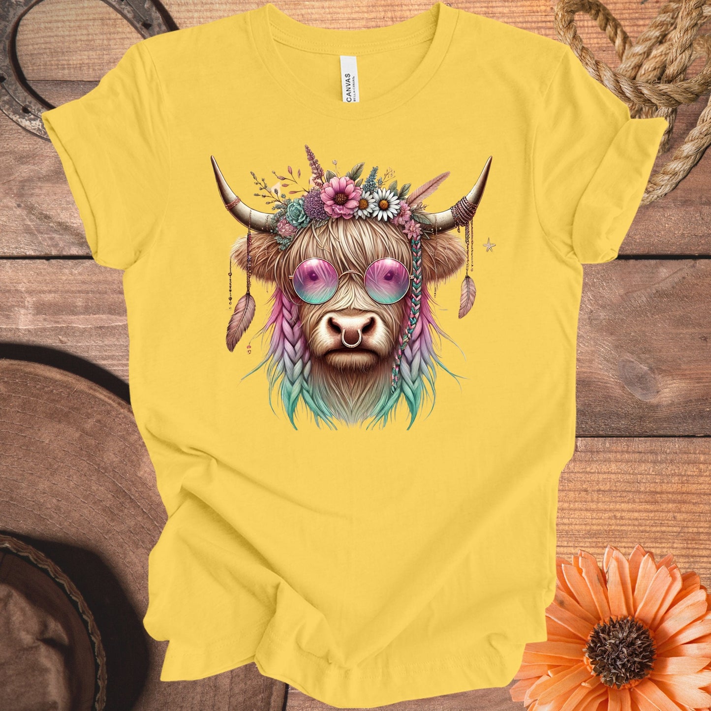 Colorful Boho Floral Highland Cow Art T-Shirt product type
