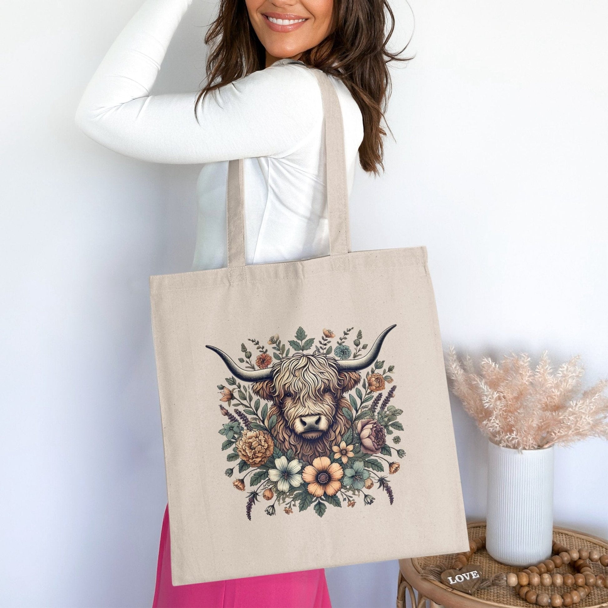 Highland Cow Floral Print Canvas Tote Bag product type