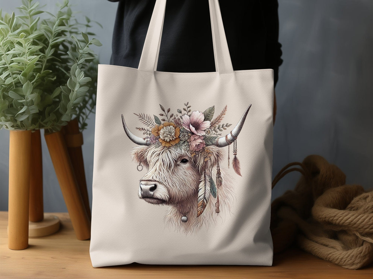 Highland Cow with Floral Headdress Tote Bag product type