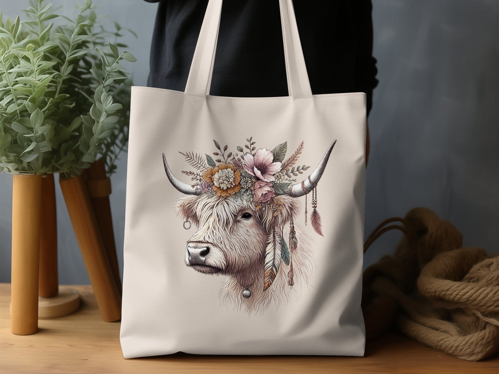 Highland Cow with Floral Headdress Tote Bag product type