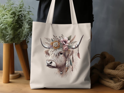 Highland Cow with Floral Headdress Tote Bag product type