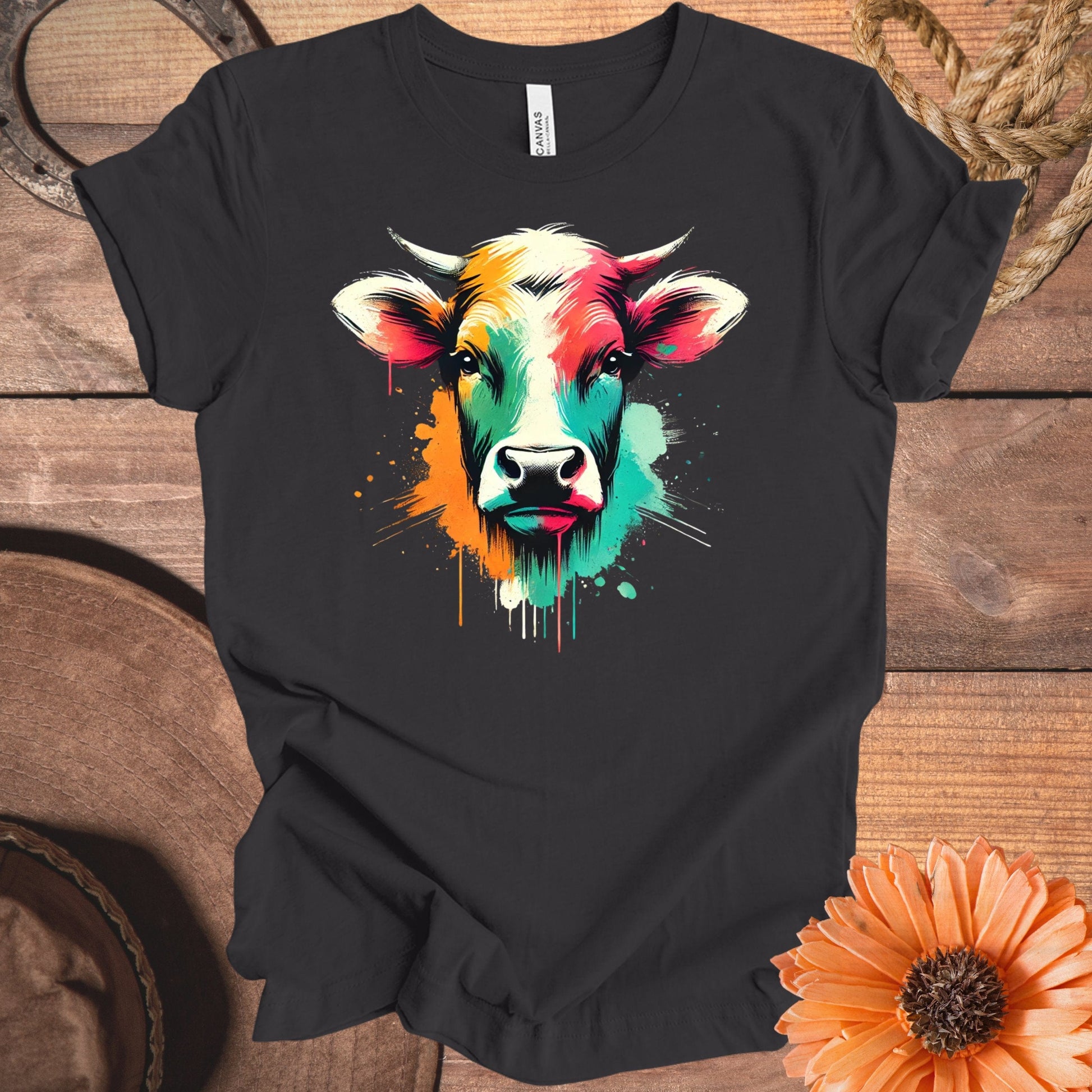 Colorful Splash Cow Art on Black Shirt product type