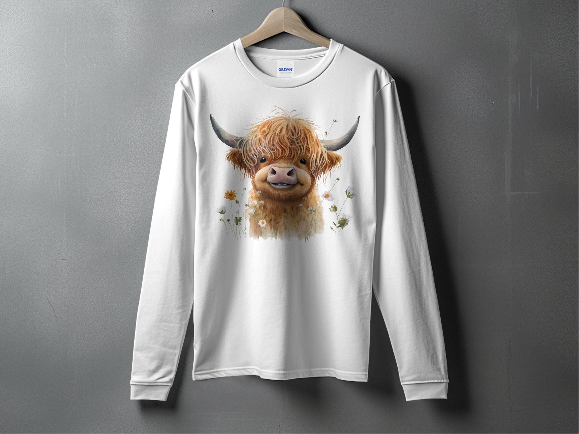 Adorable Highland Cow Graphic on White Long Sleeve product type
