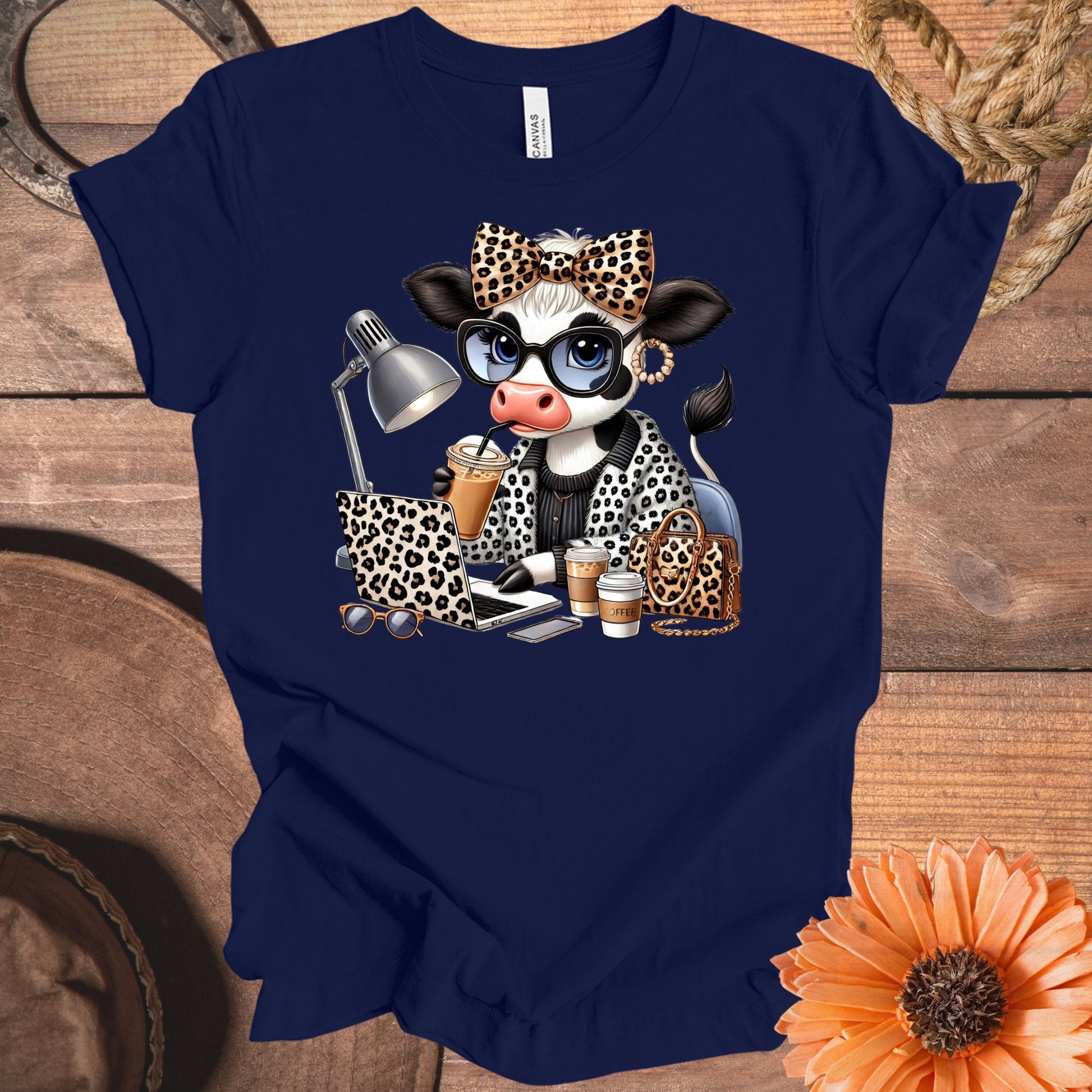 Cute Cow Graphic Tee Leopard Glasses Design product type