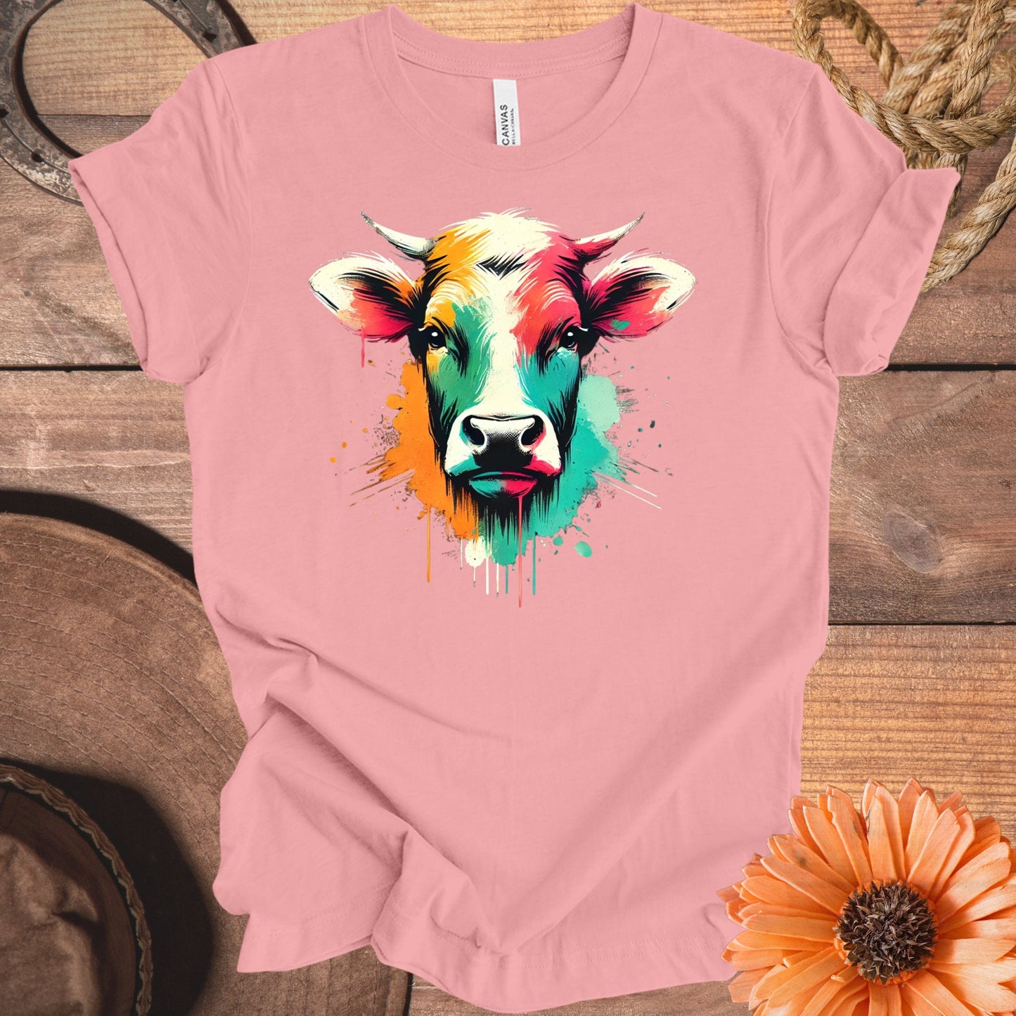 Vibrant Multicolor Cow Print Graphic Tee Shirt product