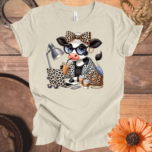 Cute Cow Illustration with Coffee and Accessories T-Shirt Product