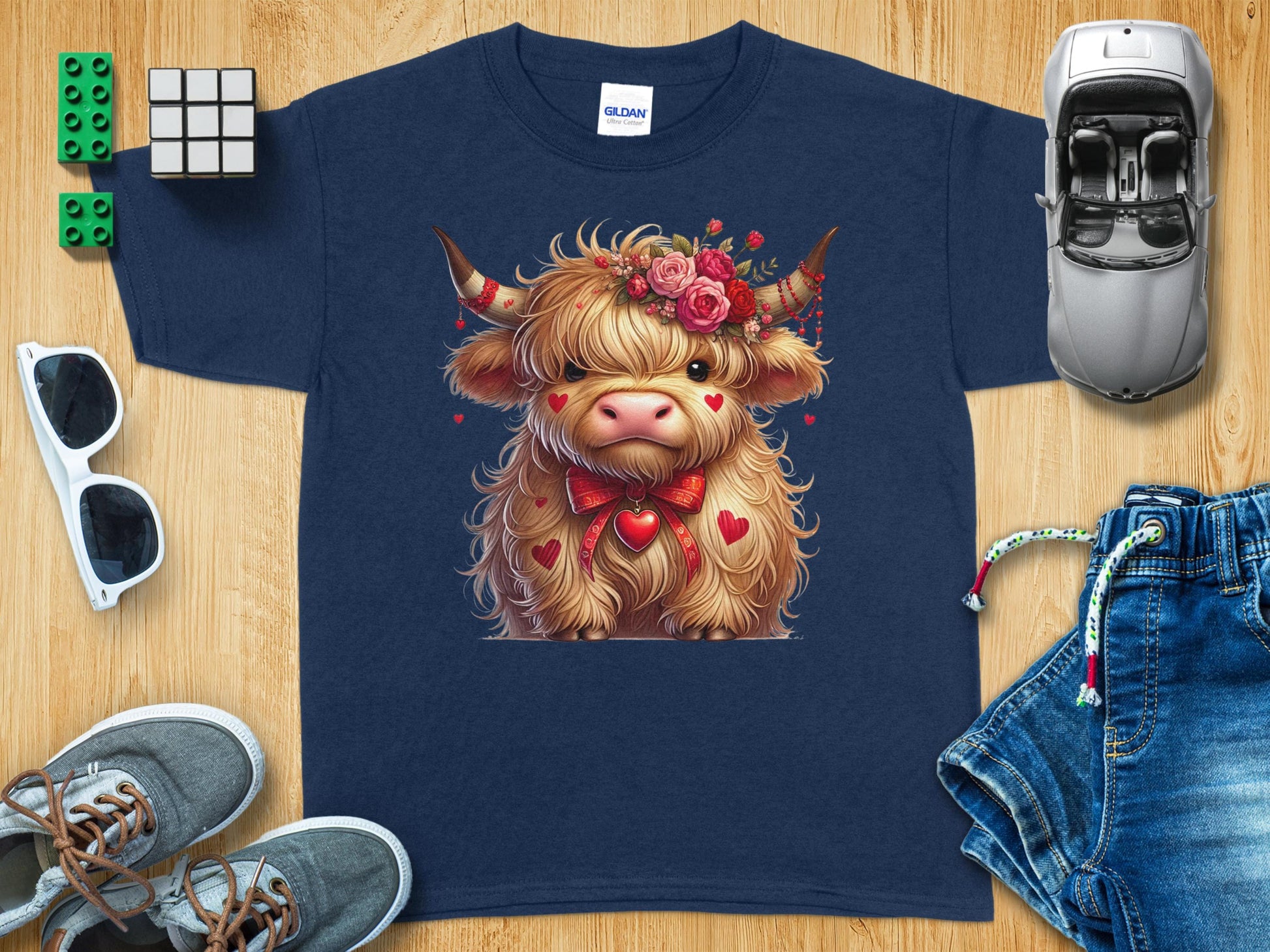 Cute Highland Cow With Flowers And Hearts T-shirt product type