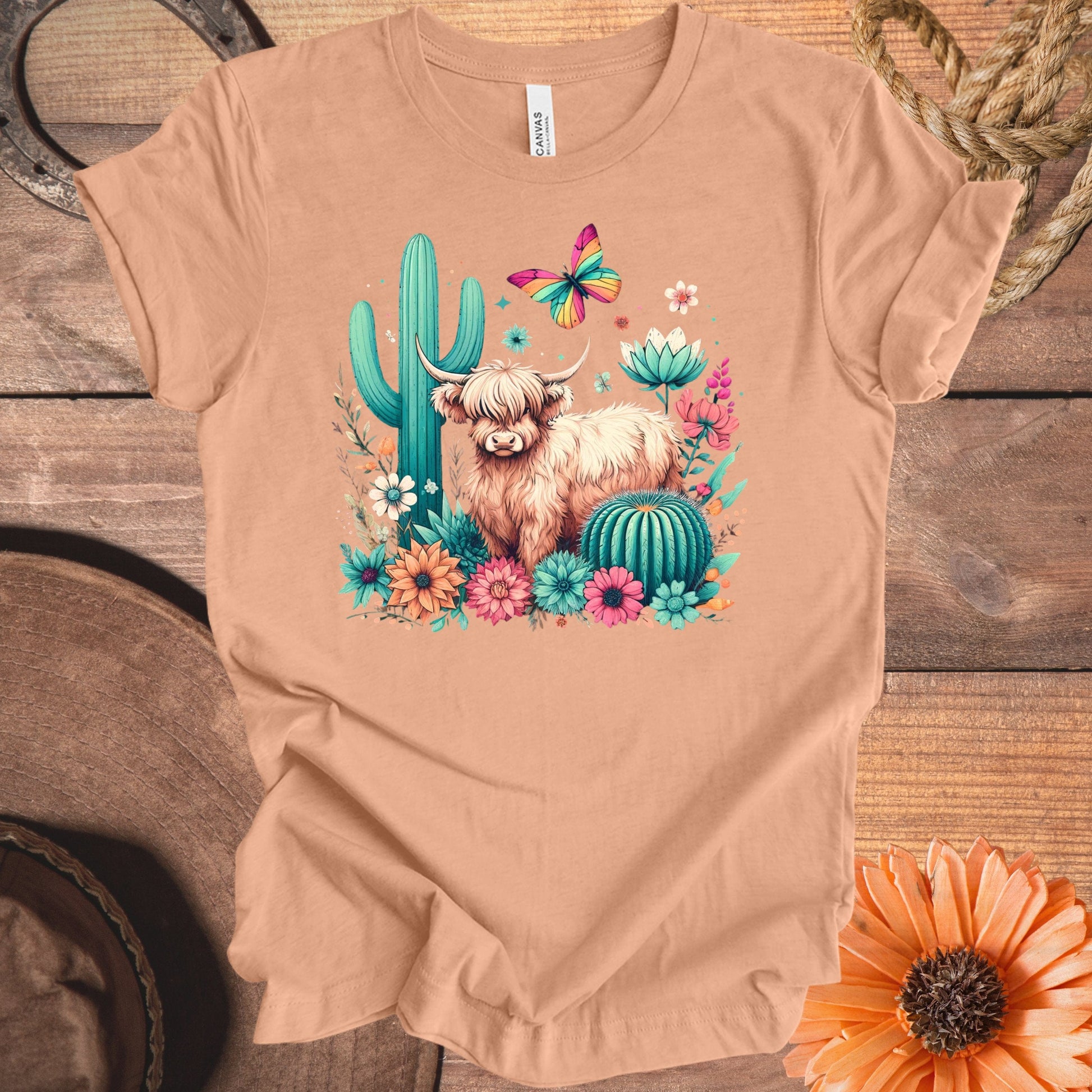 Colorful Highland Cow and Cactus Graphic T-Shirt product type