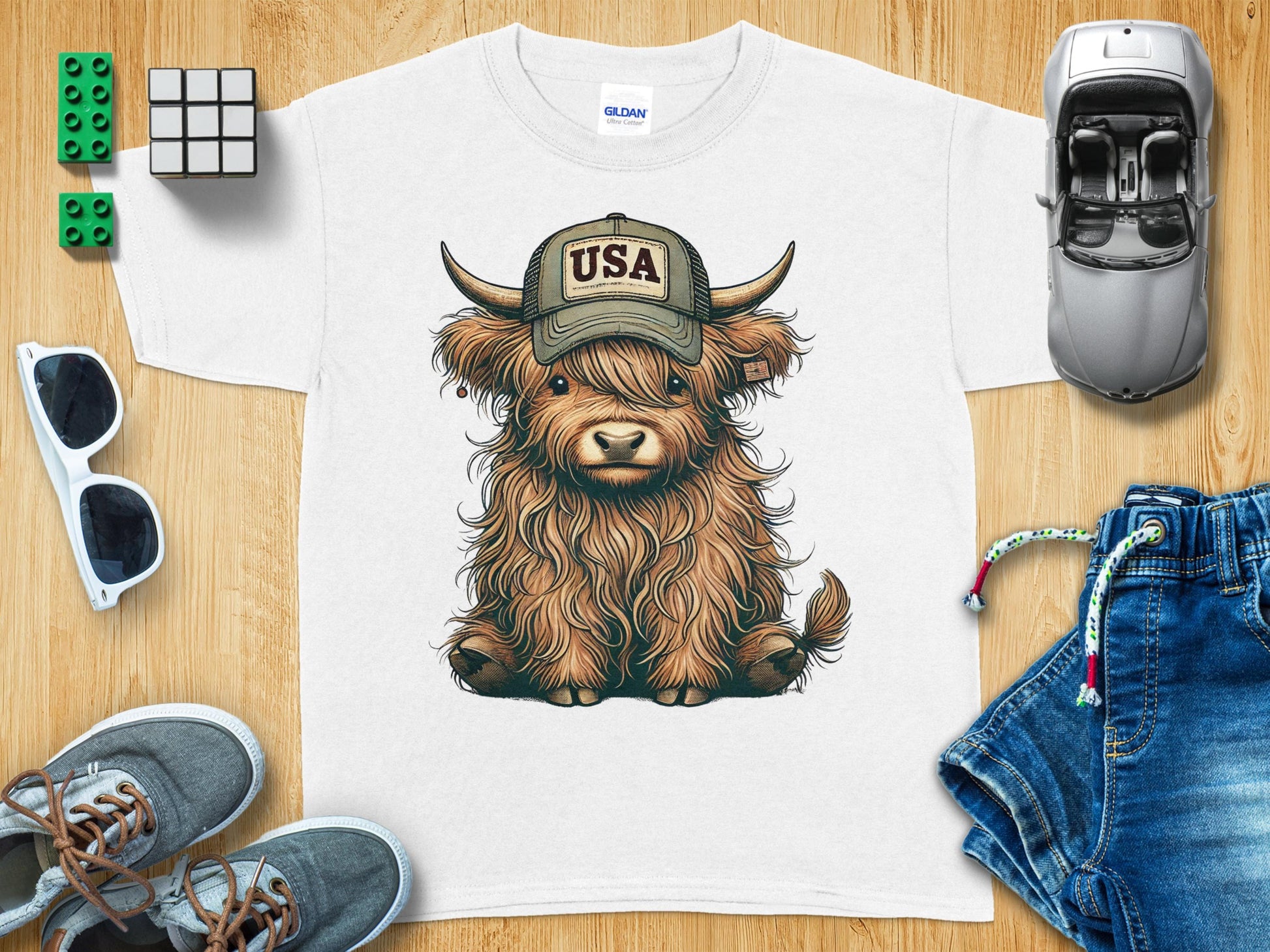 Adorable Highland Cow USA Hat T-shirt for Kids product type