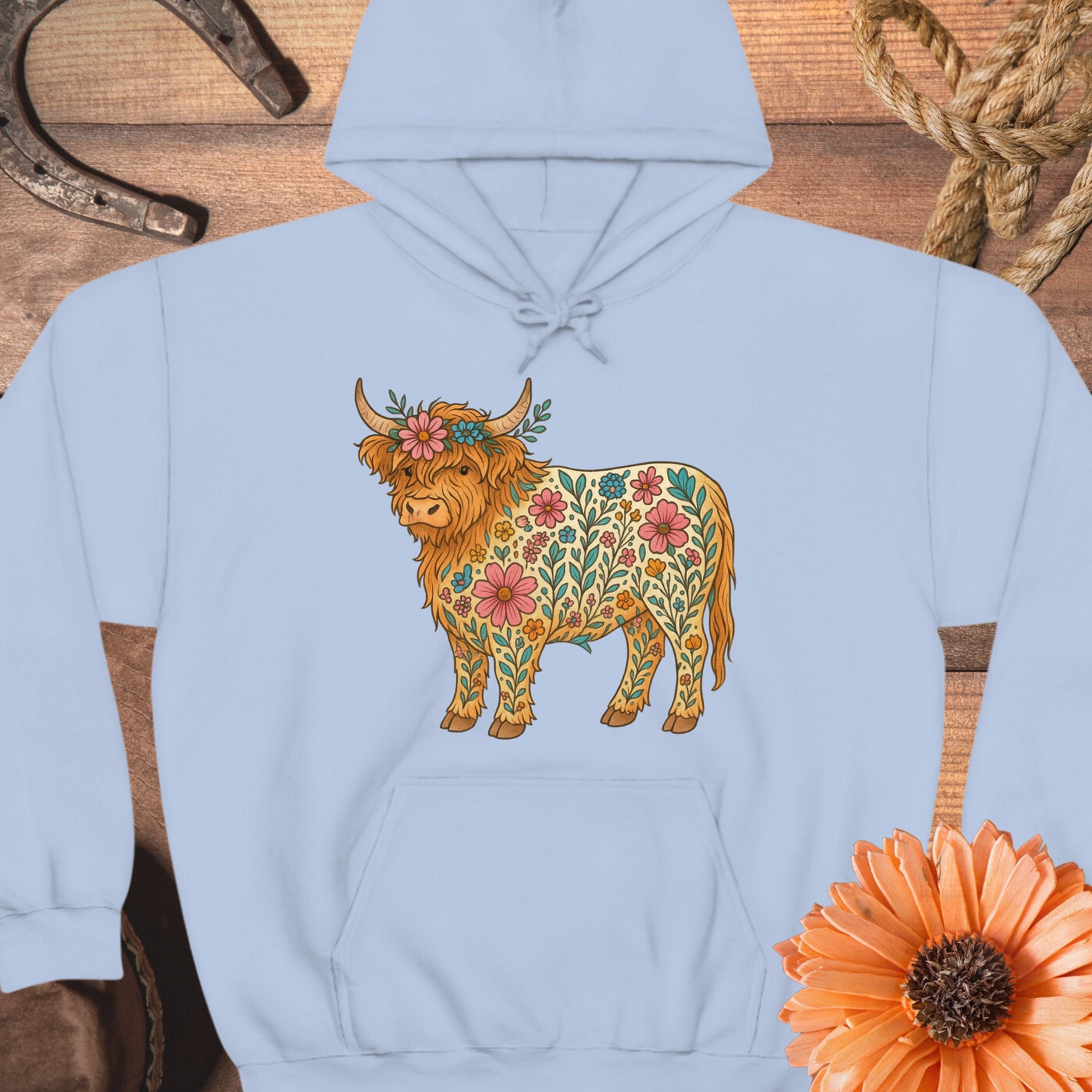 Floral Highland Cow Design Hooded Sweatshirt product type