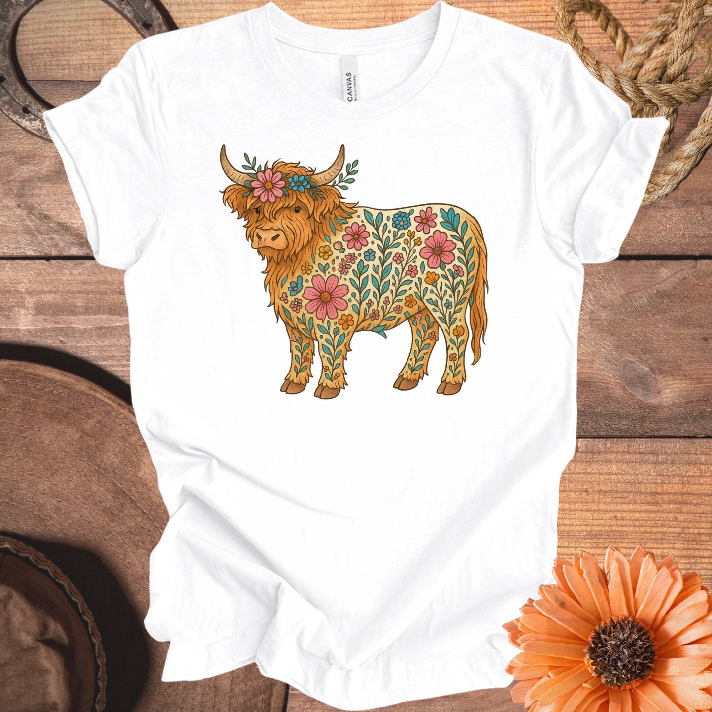 Floral Highland Cow Graphic Tee Shirt product type