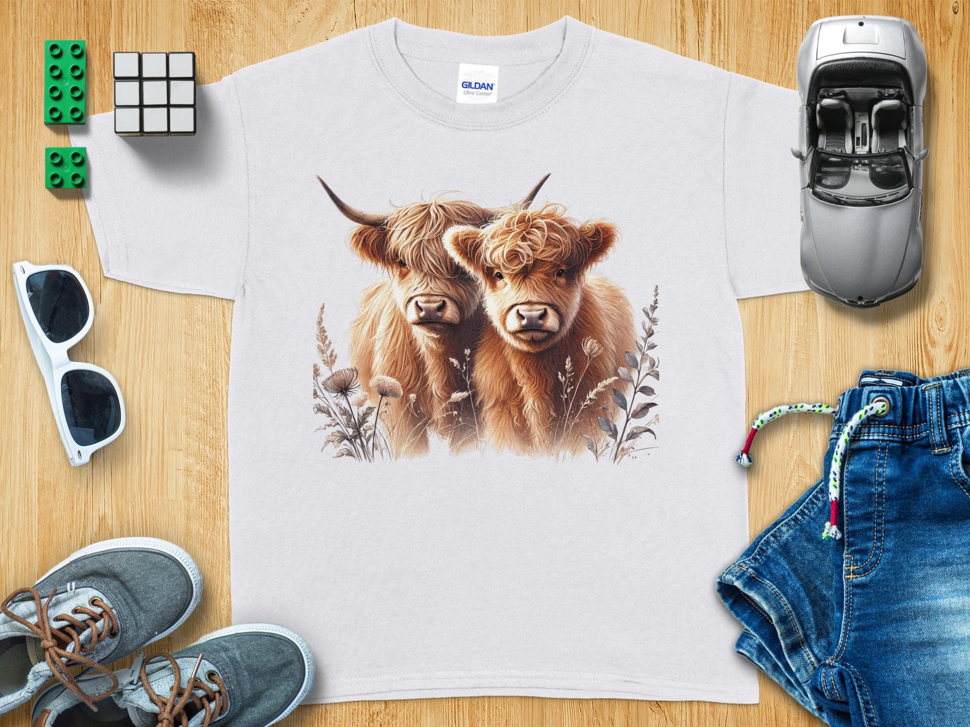Adorable Highland Cows Design on White T-Shirt product type