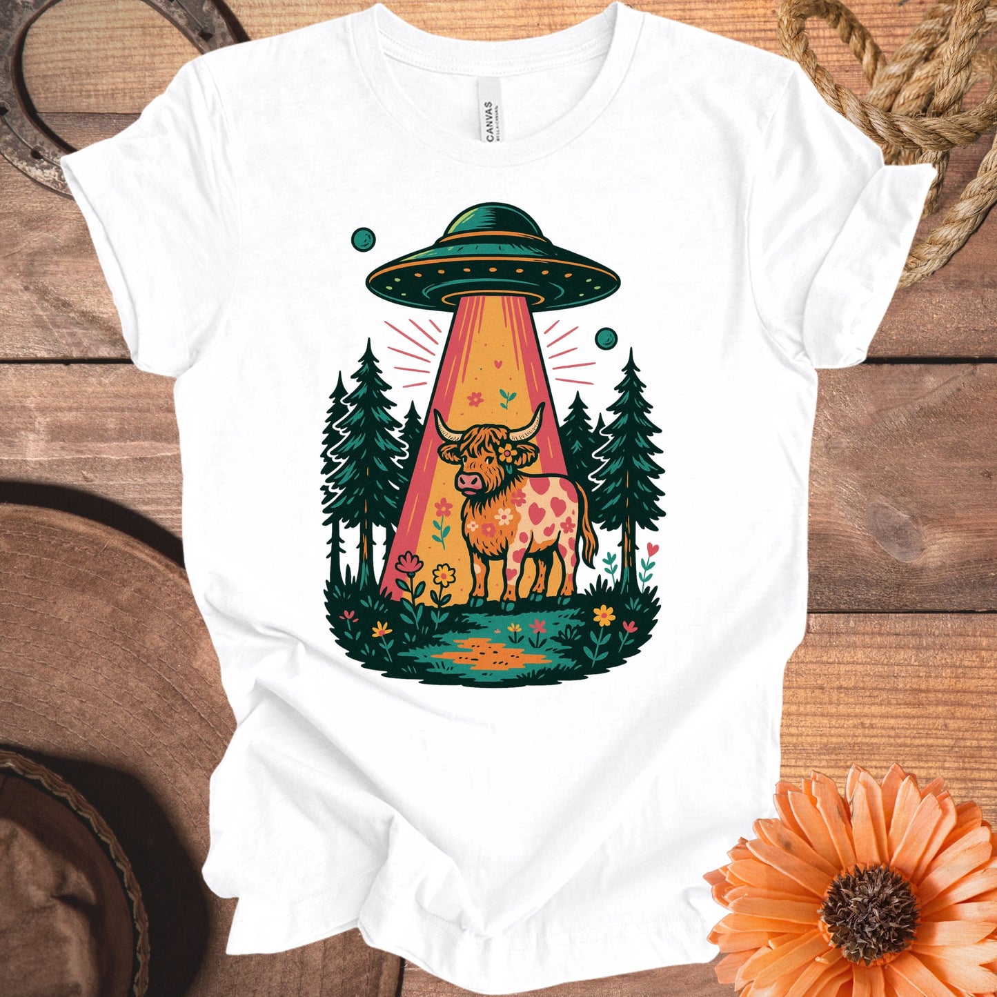 UFO Abducting Cow Cartoon Graphic Tee Shirt product