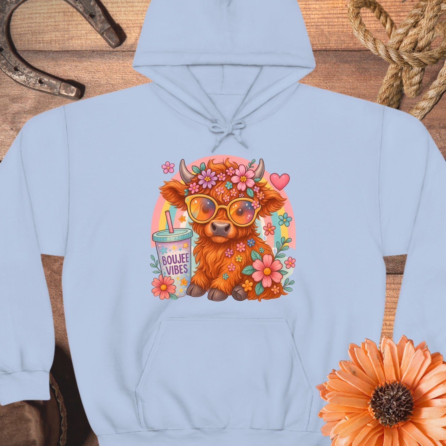 Boujee Vibes Cow With Flowers Blue Hoodie product