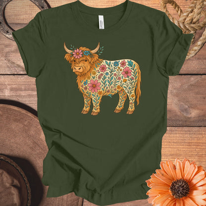 Decorative Floral Highland Cow Design T-Shirt product