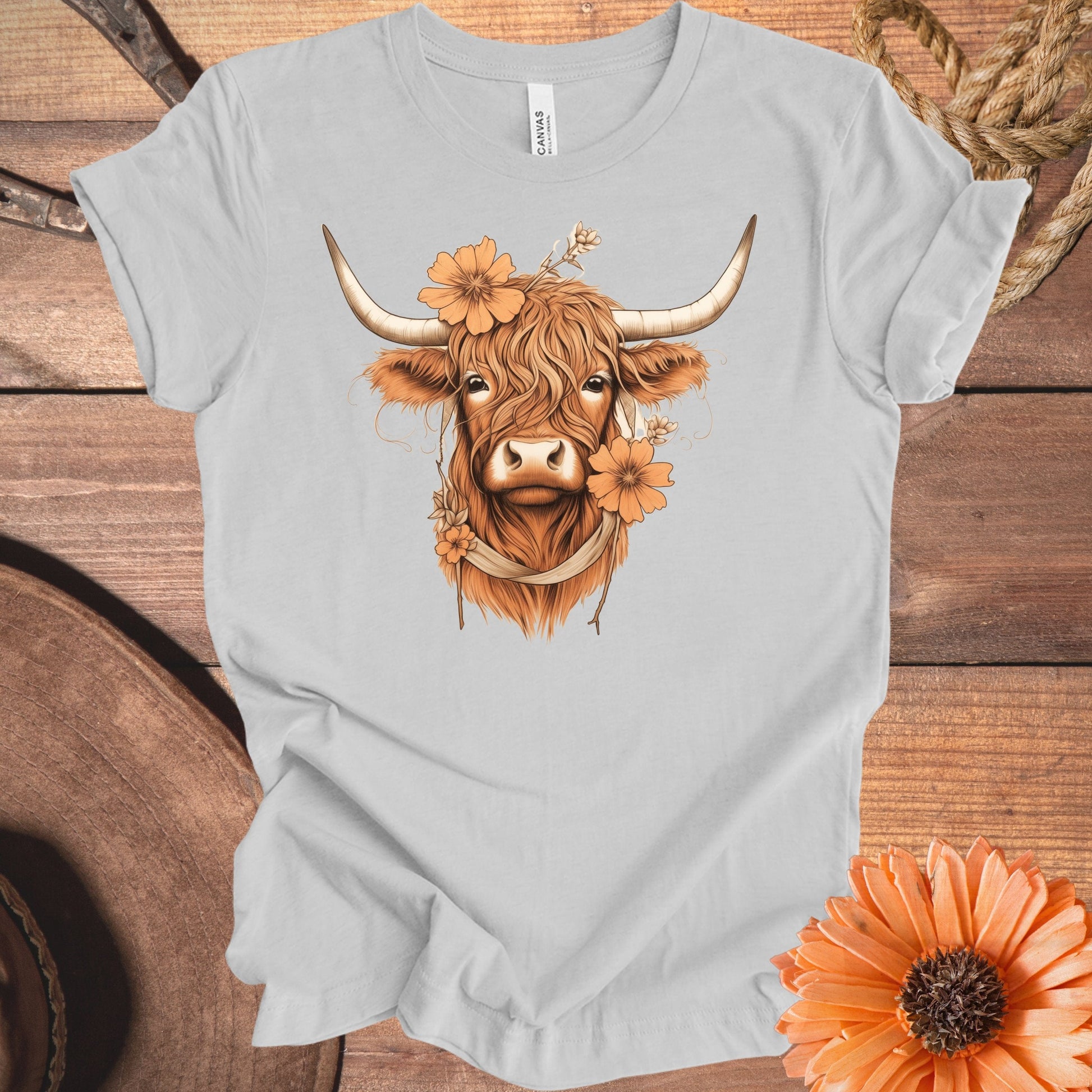 Highland Cow Graphic Tee with Floral Accents product type